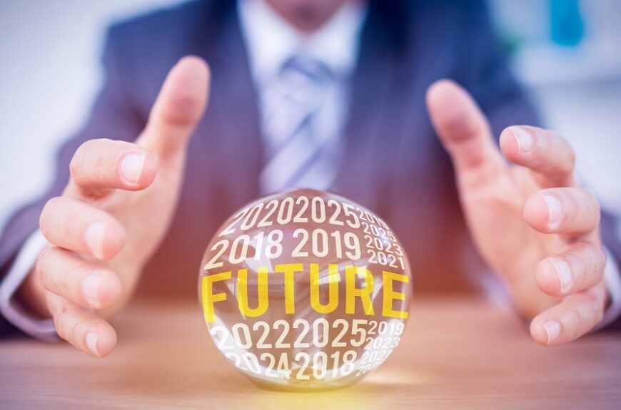 Businessman hands around a crystal ball with 'future' written on it